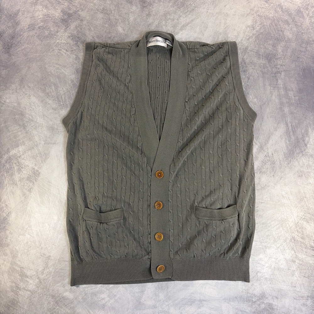 Vintage Barry Bricken Cardigan Vest Mens Large Gray Silk Cable Knit Sleeveless